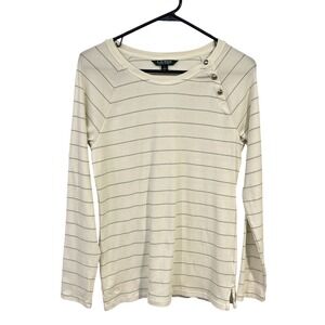 Lauren Ralph Lauren‎ Striped Button Shoulder Top L Silver White Minimal Classic